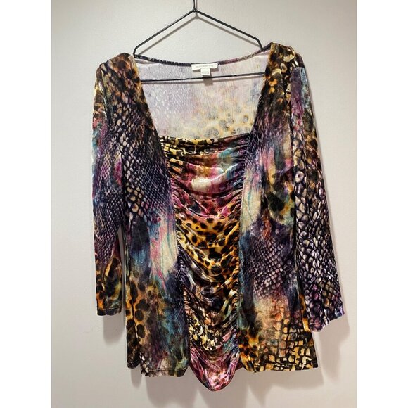 Boston Proper Womens Medium Y2K Boho Multicolor Animal Print Ruched Velvet Top - Picture 1 of 4